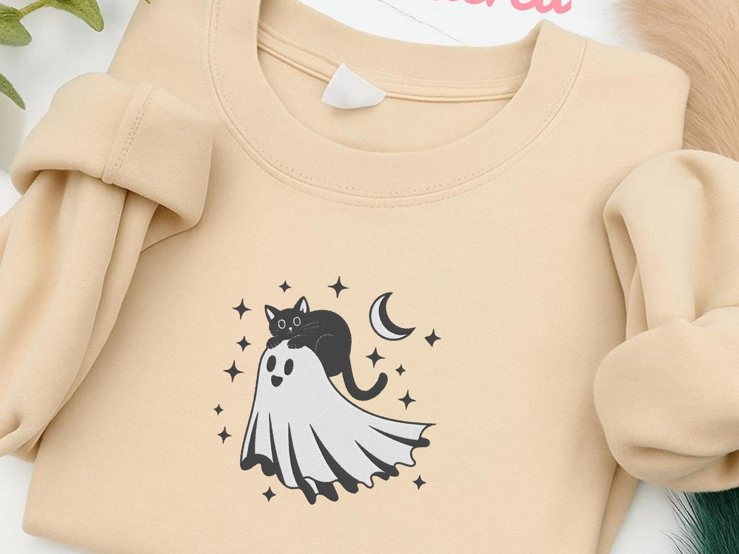 Black Cat & Ghost Sweatshirt β Embroidered Spooky Cute Halloween Jumper