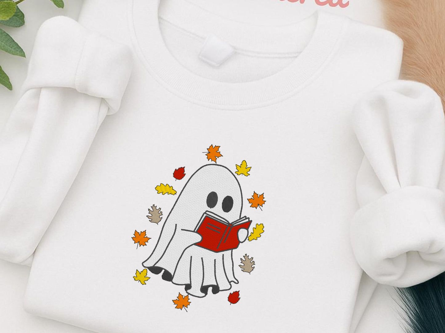 Fall Reading Ghost Sweatshirt Cute Embroidered Autumn Jumper