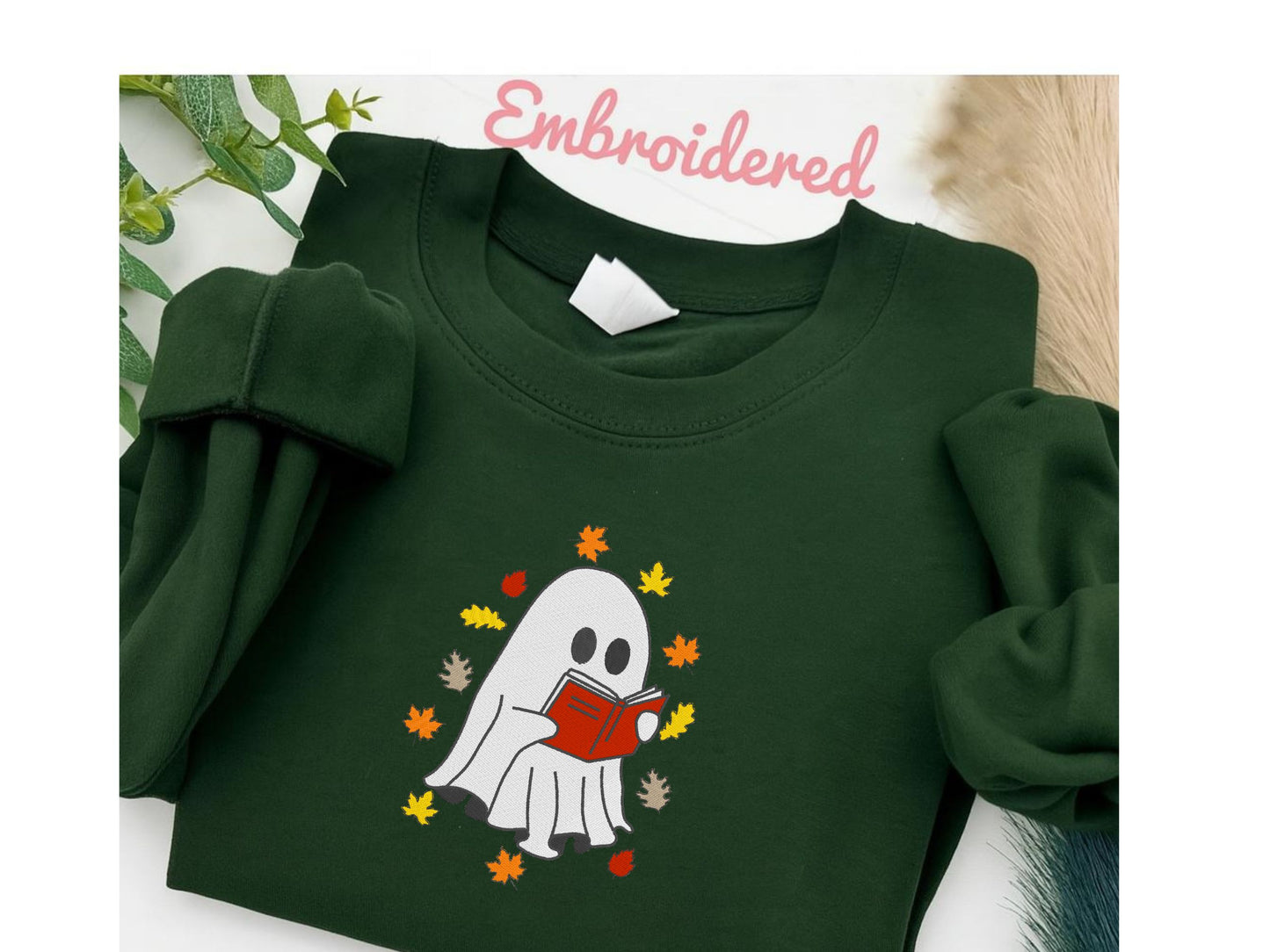 Fall Reading Ghost Sweatshirt Cute Embroidered Autumn Jumper