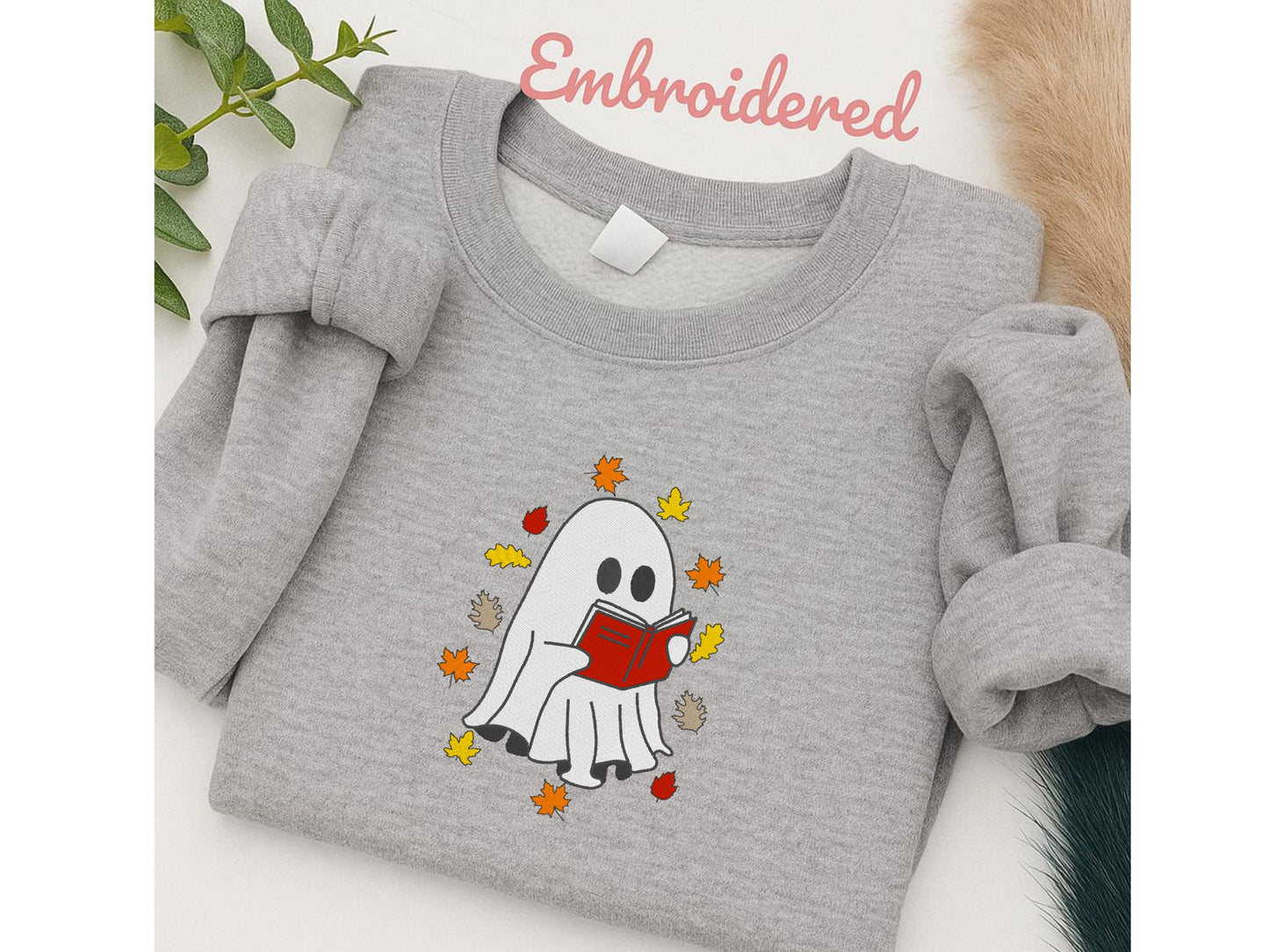 Fall Reading Ghost Sweatshirt Cute Embroidered Autumn Jumper