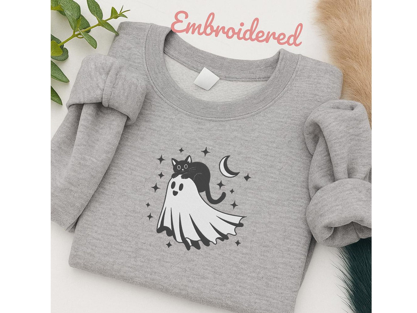 Black Cat & Ghost Sweatshirt β Embroidered Spooky Cute Halloween Jumper