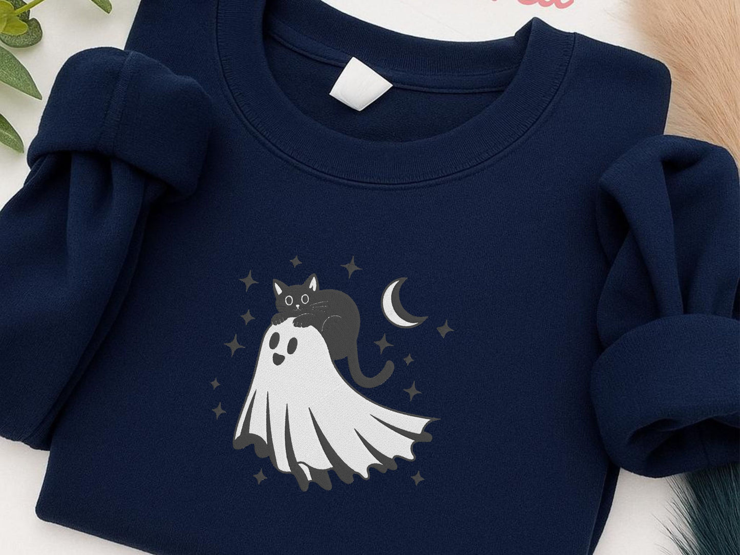 Black Cat & Ghost Sweatshirt β Embroidered Spooky Cute Halloween Jumper