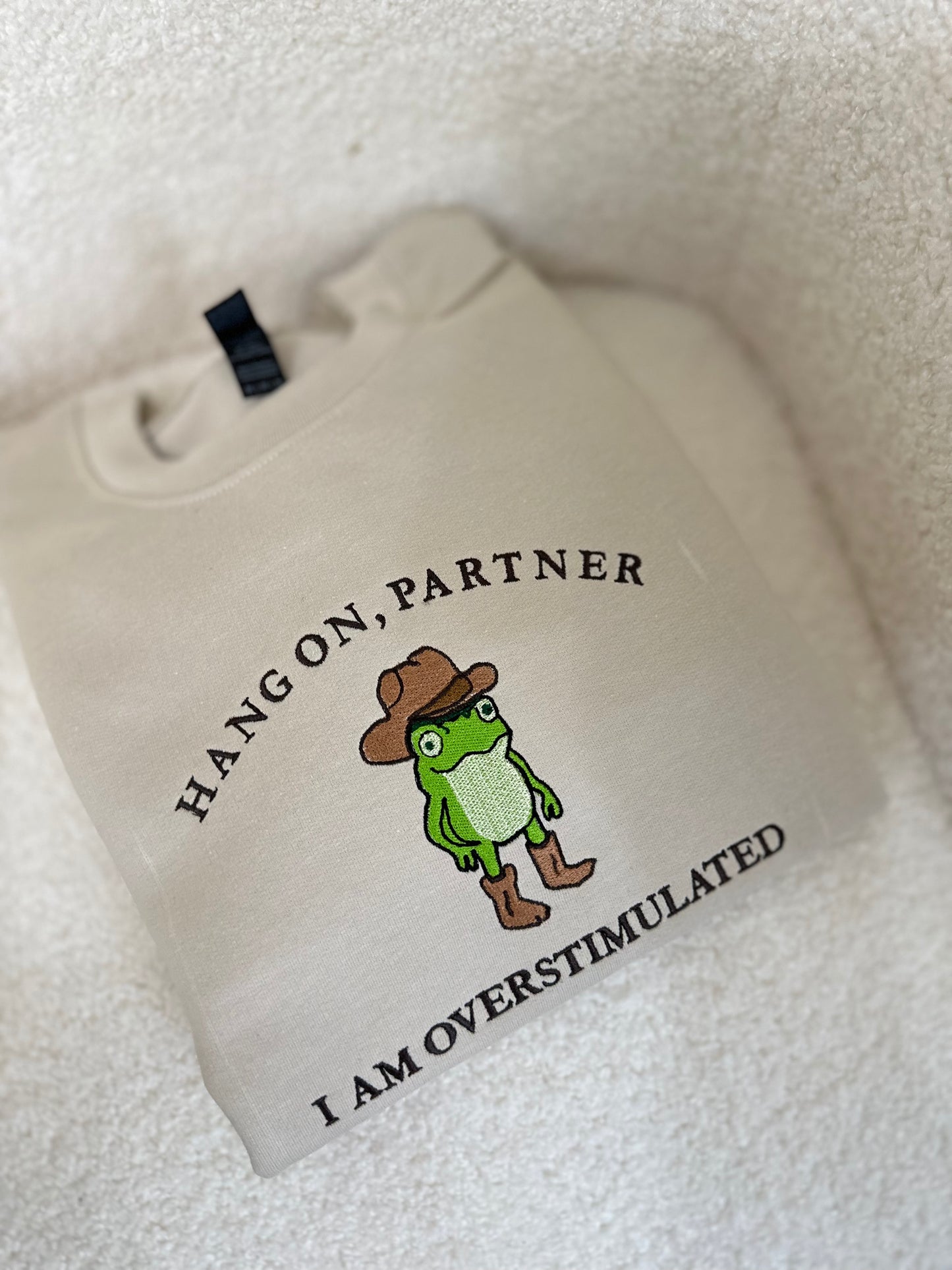 Hang On, Partner Overstimulated Frog Embroidered Sweatshirt, Funny Cowgirl Hoodie, Cute Western Gift Idea