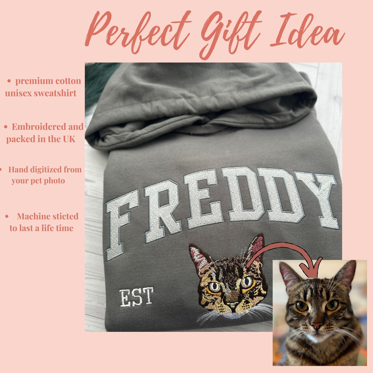 Custom Pet Portrait Embroidered Sweatshirt Hoodie