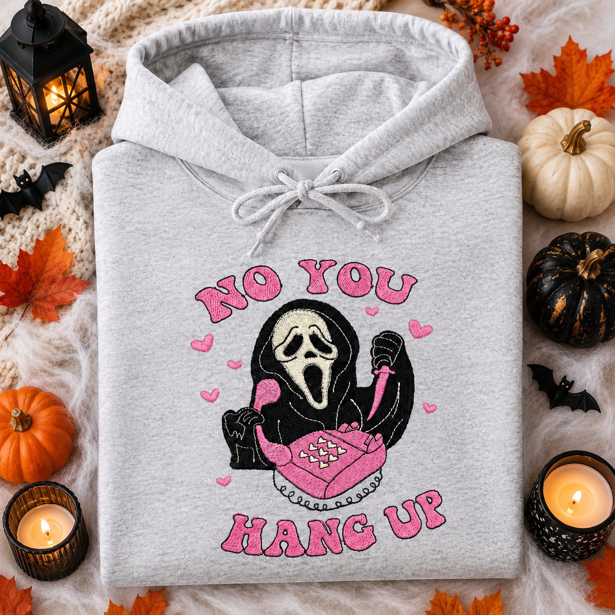 No You Hang Up Embroidered Halloween Hoodie | Pink Ghostface Phone Hoodie