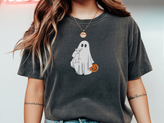 Embroidered Ghost Pumpkin Halloween Comfort Colors T-Shirt