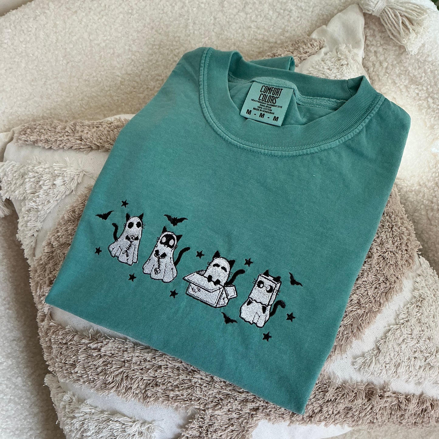 Embroidered Ghost Cat Halloween Comfort Colors T-Shirt