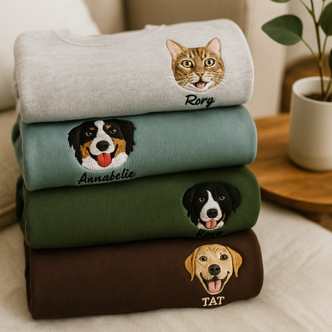 Custom embroidered dog portrait sweatshirt made from customer photo
