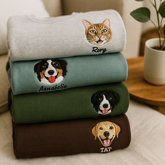Custom embroidered dog portrait sweatshirt made from customer photo
