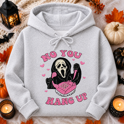 No You Hang Up Embroidered Halloween Hoodie | Pink Ghostface Phone Hoodie