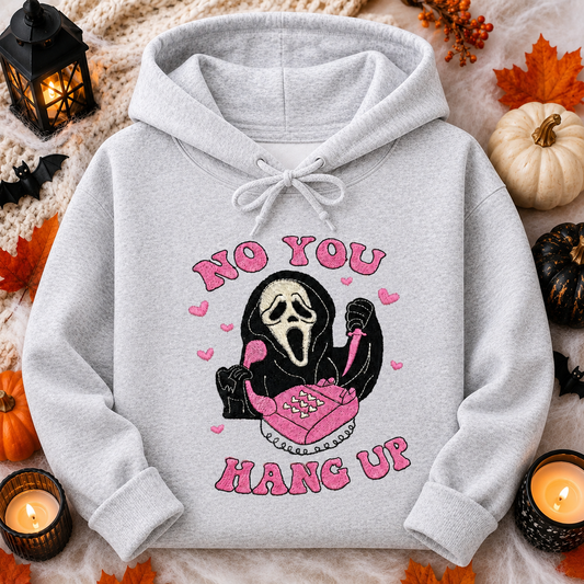 No You Hang Up Embroidered Halloween Hoodie | Pink Ghostface Phone Hoodie