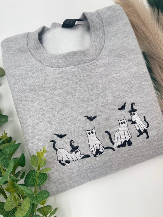 Cat & Ghost Sweatshirt – Embroidered Spooky Cute Halloween Jumper