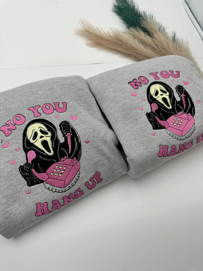 No You Hang Up Embroidered Halloween Hoodie | Pink Ghostface Phone Hoodie