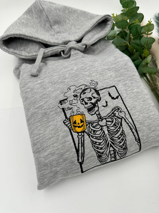 Embroidered Skeleton with Coffee Halloween Sweatshirt