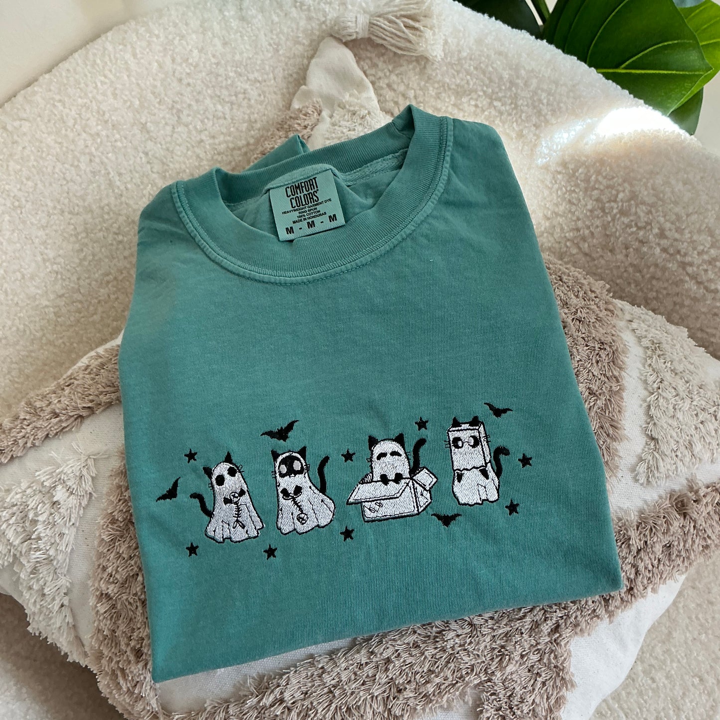 Embroidered Ghost Cat Halloween Comfort Colors T-Shirt