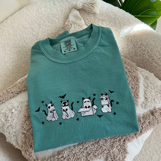 Embroidered Ghost Cat Halloween Comfort Colors T-Shirt