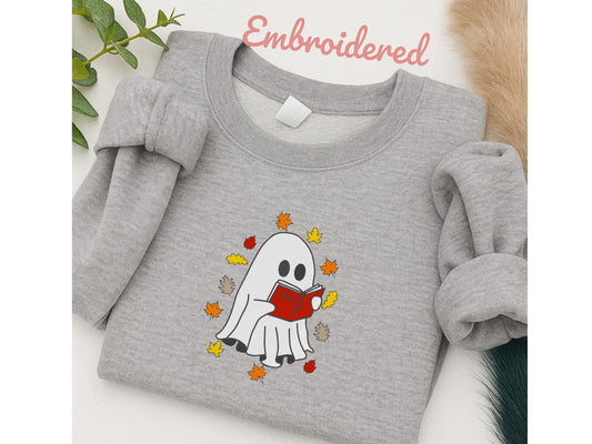 Fall Reading Ghost Sweatshirt Cute Embroidered Autumn Jumper