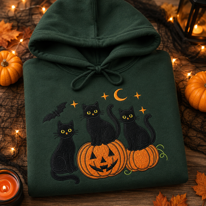 Black Cats & Pumpkins Embroidered Halloween Sweatshirt | Spooky Cat Jumper