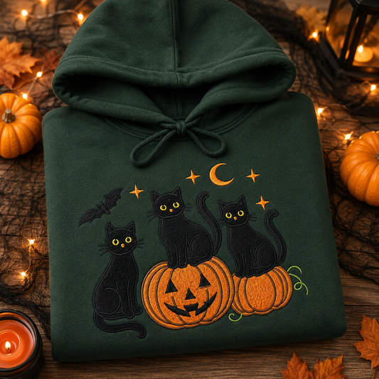 Black Cats & Pumpkins Embroidered Halloween Sweatshirt | Spooky Cat Jumper