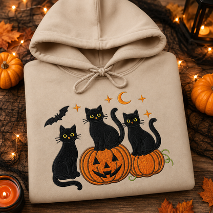 Black Cats & Pumpkins Embroidered Halloween Sweatshirt | Spooky Cat Jumper