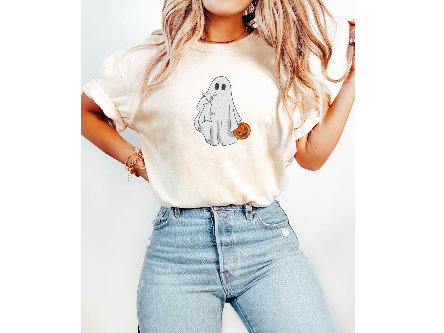 Embroidered Ghost Pumpkin Halloween Comfort Colors T-Shirt