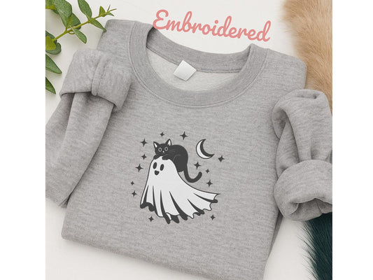 Black Cat & Ghost Sweatshirt – Embroidered Spooky Cute Halloween Jumper