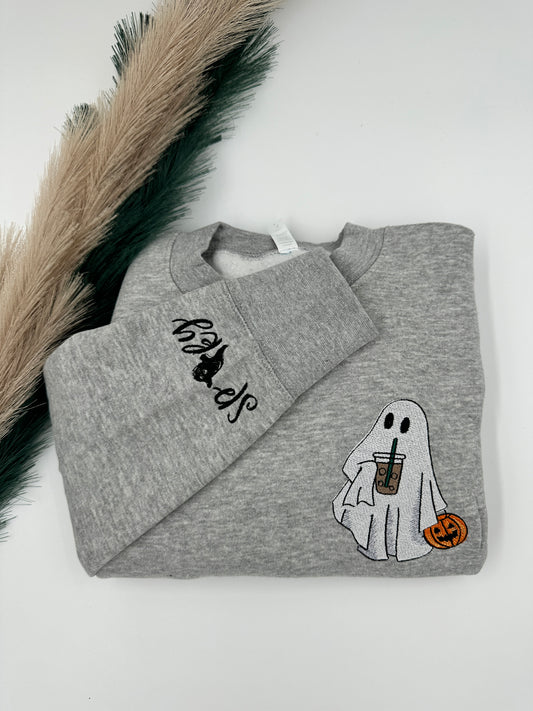 Embroidered Halloween Ghost jumper with spooky on the left  sleeve