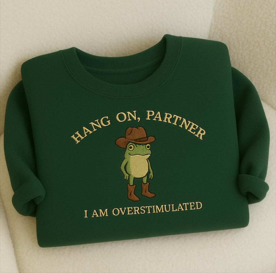 Hang On, Partner Overstimulated Frog Embroidered Sweatshirt, Funny Cowgirl Hoodie, Cute Western Gift Idea