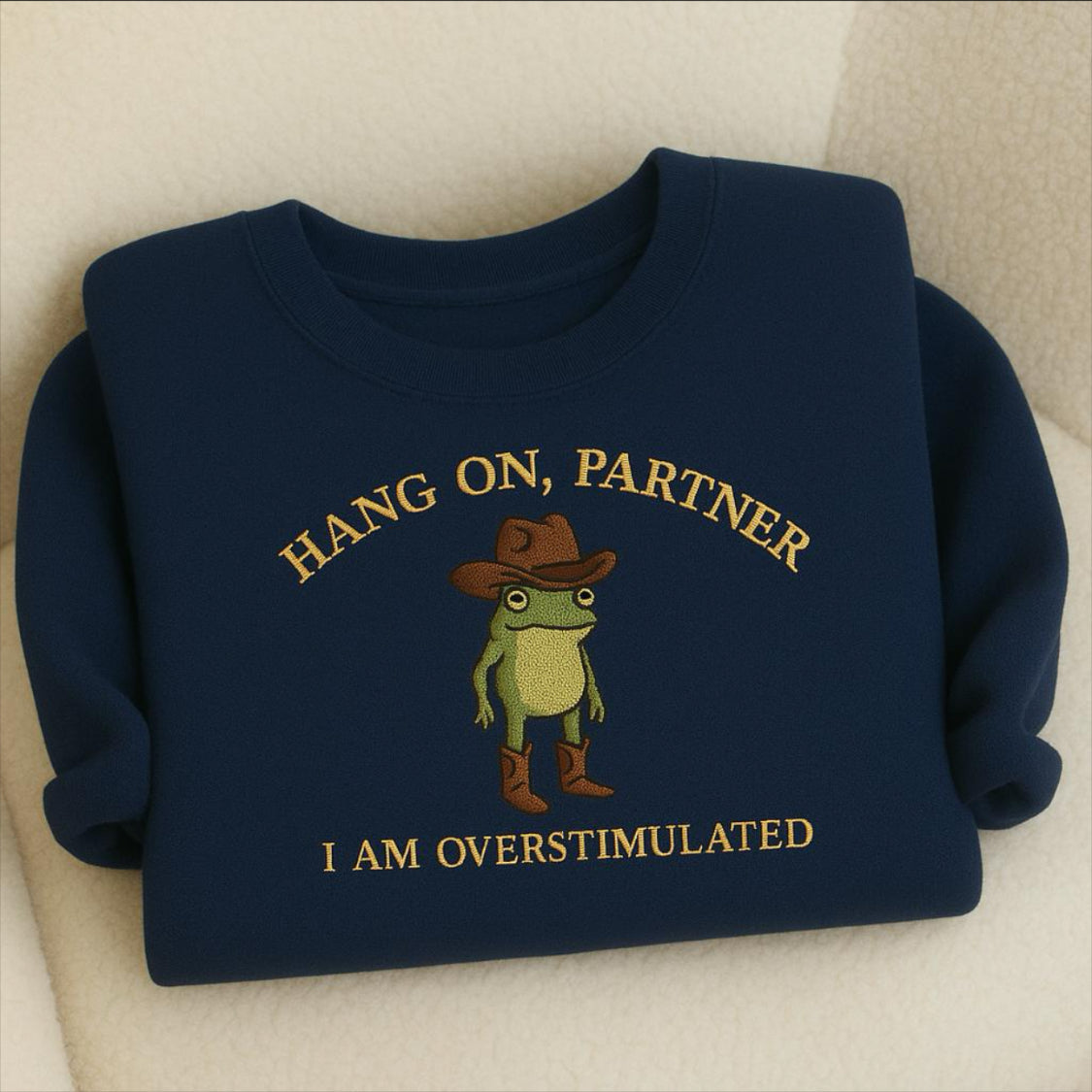 Hang On, Partner Overstimulated Frog Embroidered Sweatshirt, Funny Cowgirl Hoodie, Cute Western Gift Idea