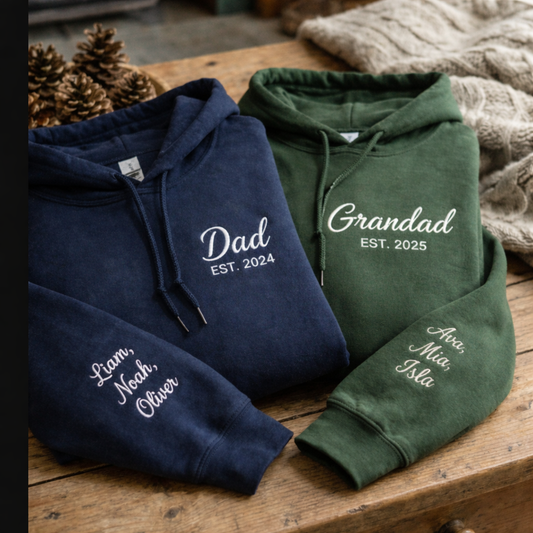 Personalised Dad & Papa Embroidered Hoodie With Kids Names on Sleeve | Custom Father's Day Gift | Dad Est. Hoodie
