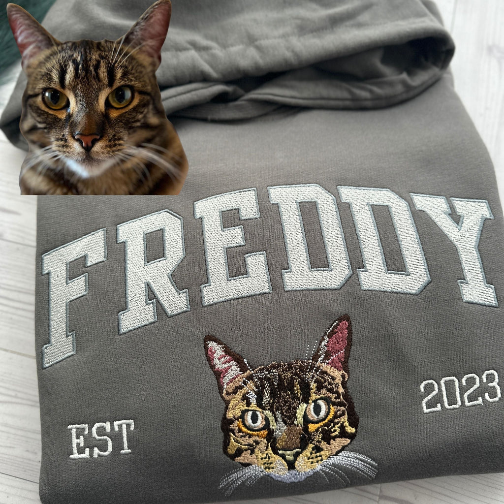 Custom embroidered dog portrait sweatshirt made from customer photo

