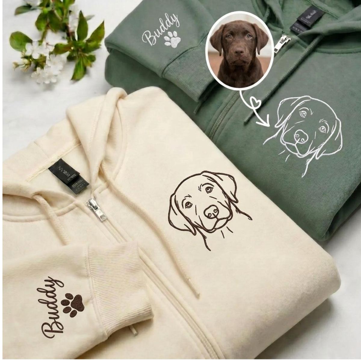 Custom Pet Portrait Zip Hoodie | Personalised Embroidered Dog Hoodie | Pet Owner Gift | Christmas Gift for a Cat Mum